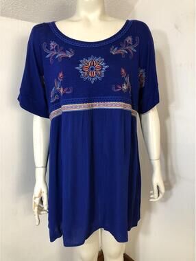 Westbound New Womens XL Shortsleeved Peasant Top Boho Royal Blue Embroidery